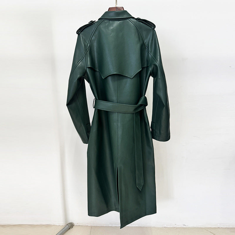 Green PU Leather Trench Coat Long Double Breasted Belted Leather Jacket