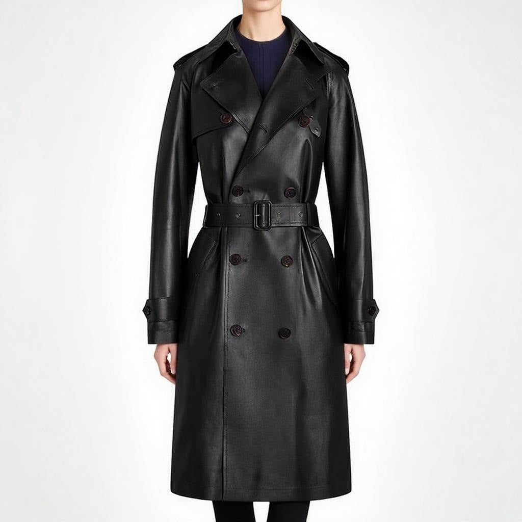 Green PU Leather Trench Coat Long Double Breasted Belted Leather Jacket