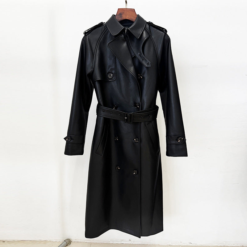 Green PU Leather Trench Coat Long Double Breasted Belted Leather Jacket