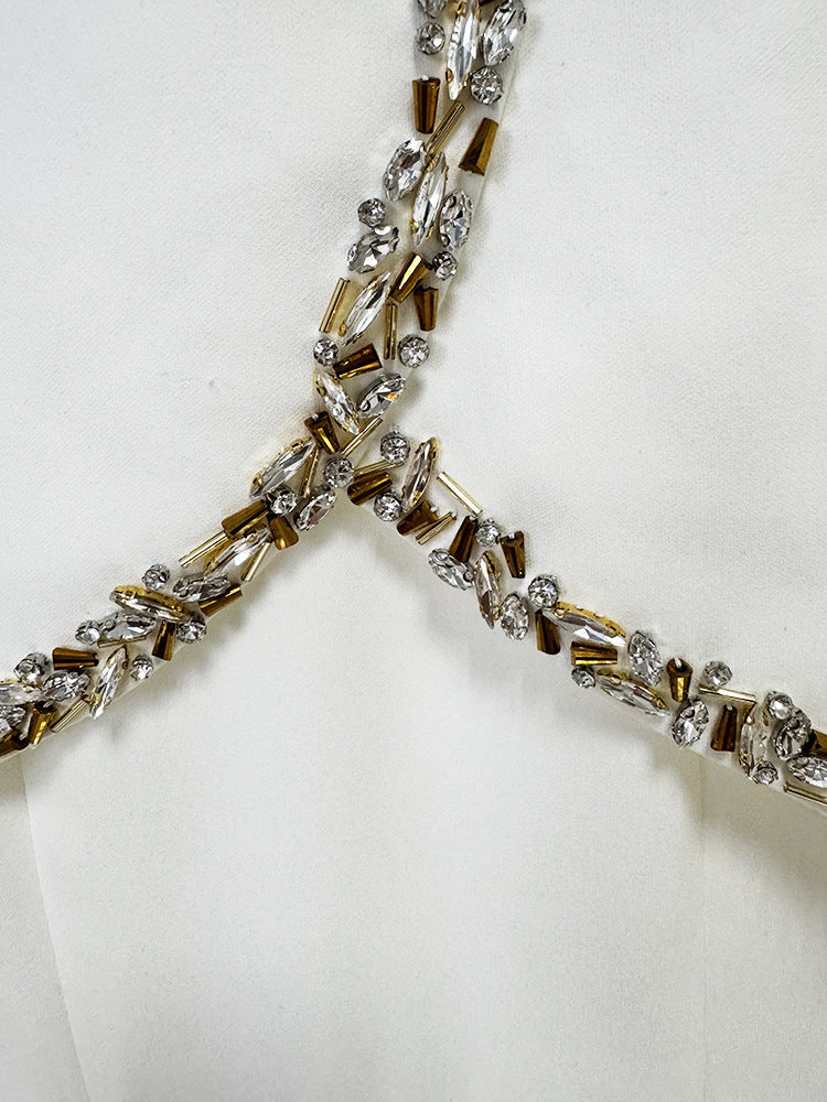 White Evening Gown With Beaded Rhinestone Capelet