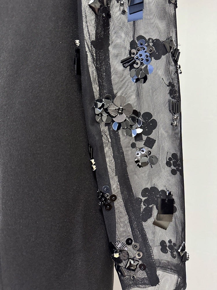 Beige Sequin Mesh Long Sleeve Mermaid Maxi Evening Dresses