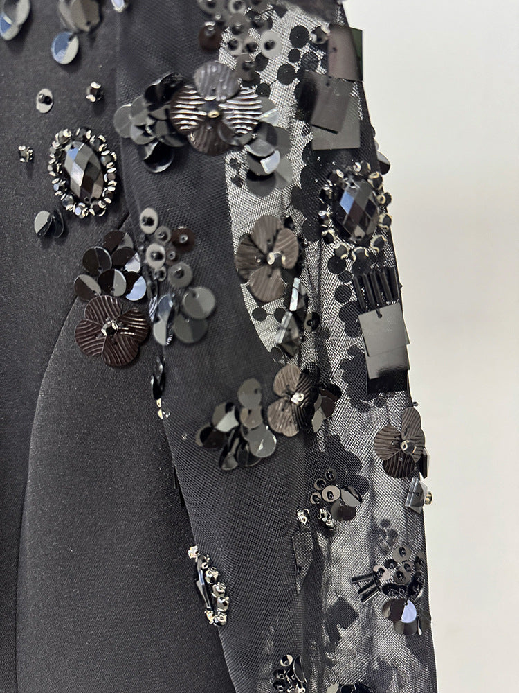 Beige Sequin Mesh Long Sleeve Mermaid Maxi Evening Dresses