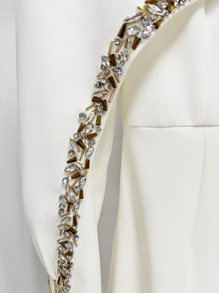 White Evening Gown With Beaded Rhinestone Capelet