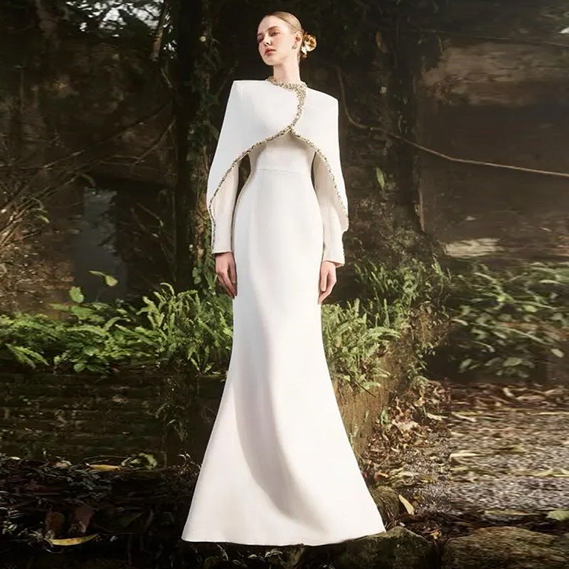 White Evening Gown With Beaded Rhinestone Capelet