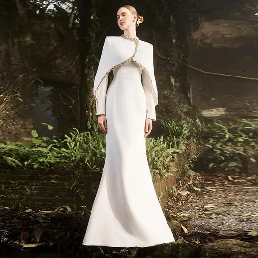 White Evening Gown With Beaded Rhinestone Capelet