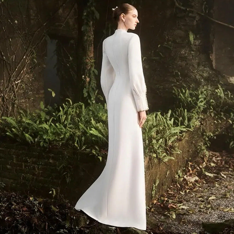 White Evening Gown With Beaded Rhinestone Capelet