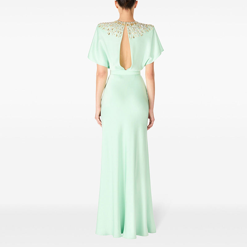 Luxury Womens Clothes Elegant Mint Green Cape Sleeve Maxi Gowns Beaded Sequin Neckline Formal Evening Outfit Party Dresses