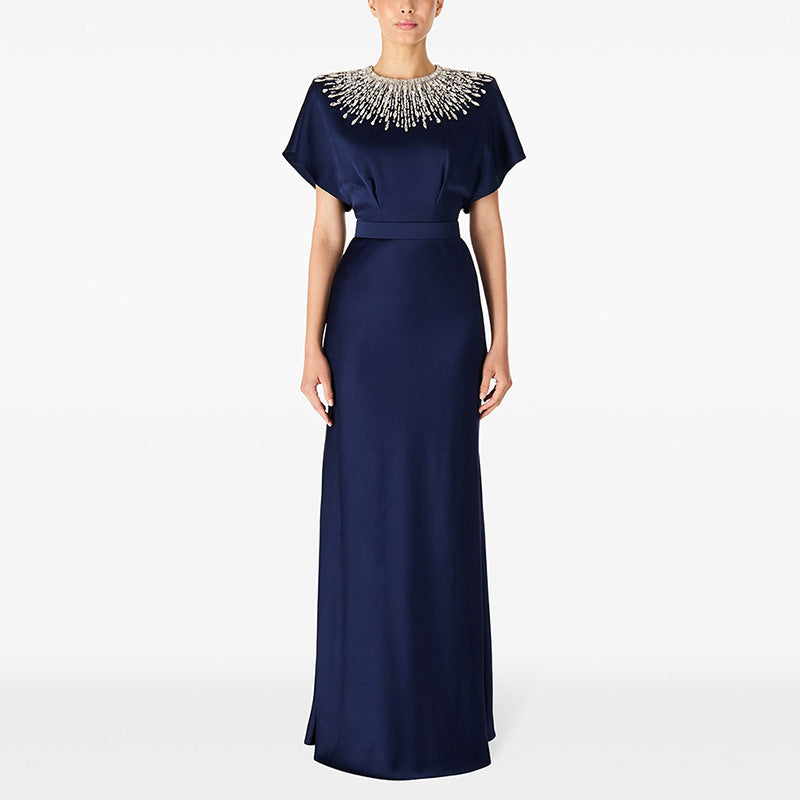 Luxury Womens Clothes Elegant Mint Green Cape Sleeve Maxi Gowns Beaded Sequin Neckline Formal Evening Outfit Party Dresses