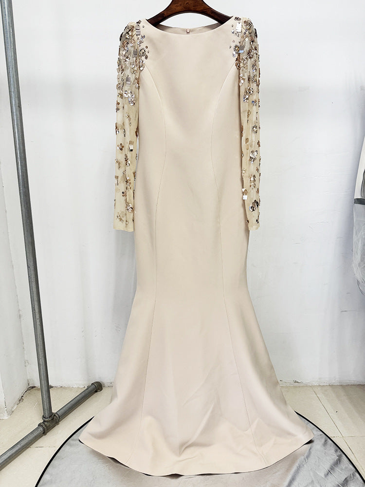 Beige Sequin Mesh Long Sleeve Mermaid Maxi Evening Dresses