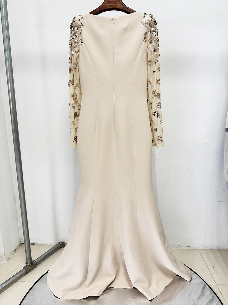 Beige Sequin Mesh Long Sleeve Mermaid Maxi Evening Dresses