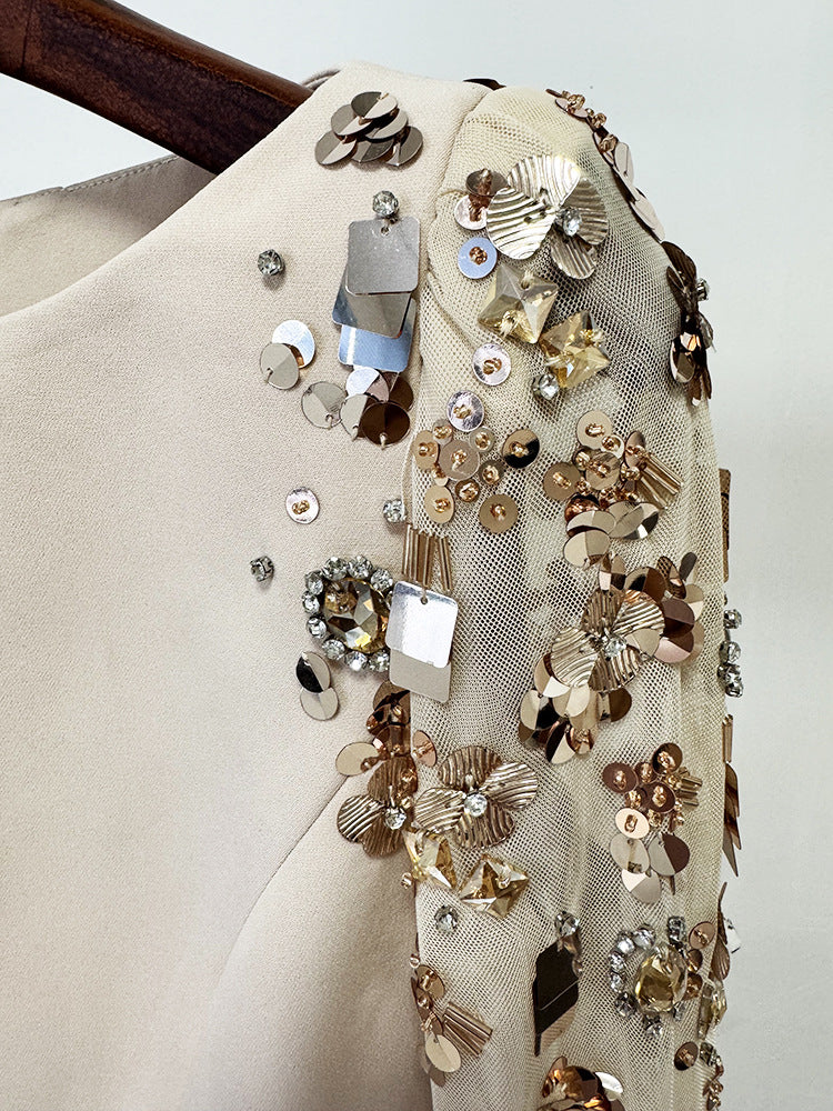 Beige Sequin Mesh Long Sleeve Mermaid Maxi Evening Dresses