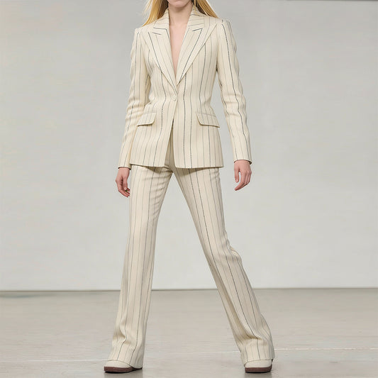 Ivory Brushed Pinstripe Women Office Business Formal Two Piece Blazer Suit