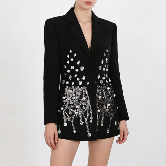 Luxury Black Sequin Pearl Rhinestone Blazer Dress