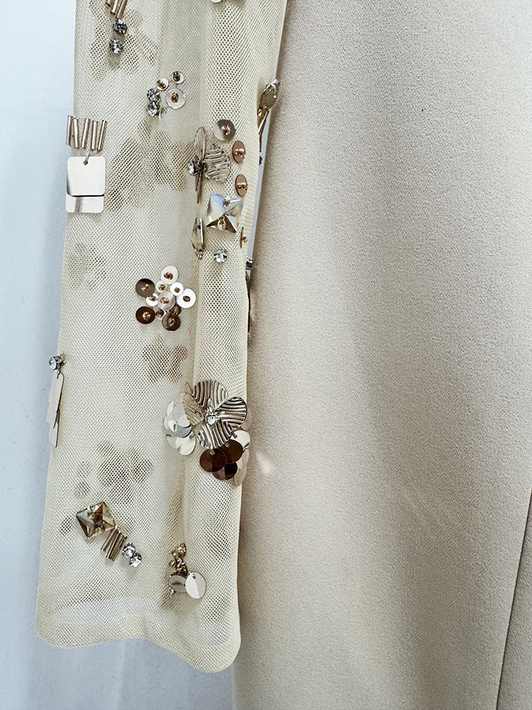 Beige Sequin Mesh Long Sleeve Mermaid Maxi Evening Dresses