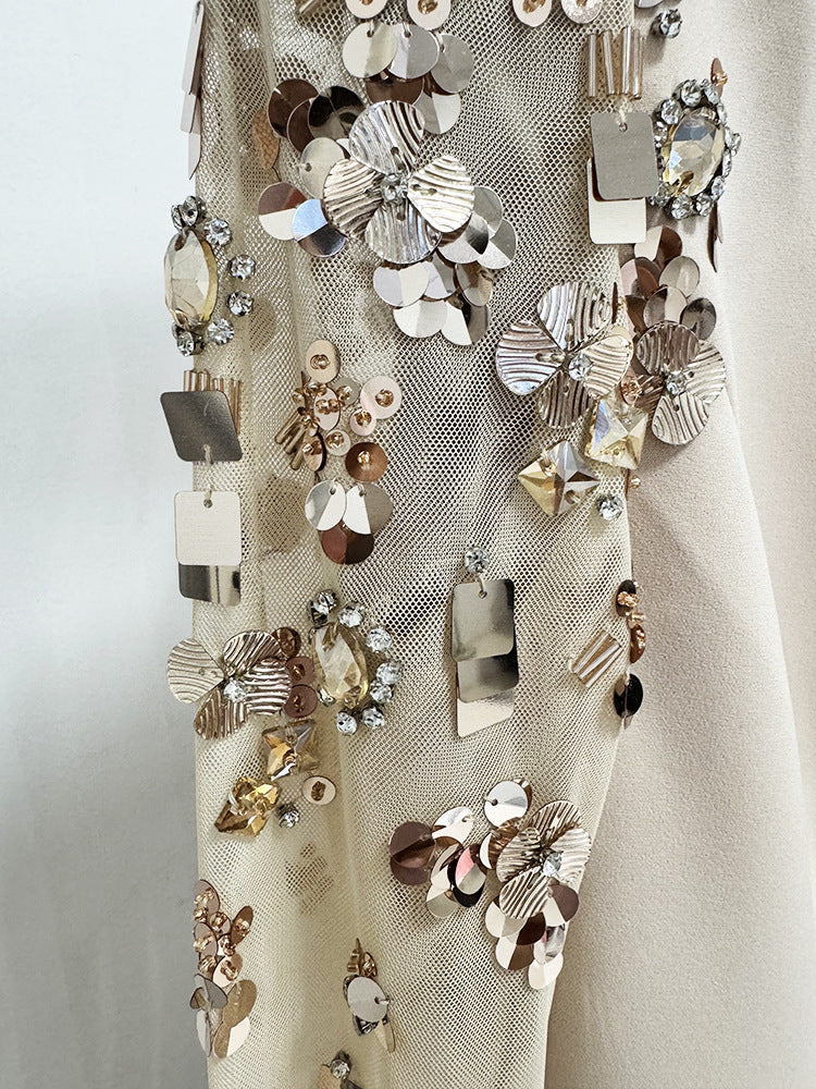 Beige Sequin Mesh Long Sleeve Mermaid Maxi Evening Dresses