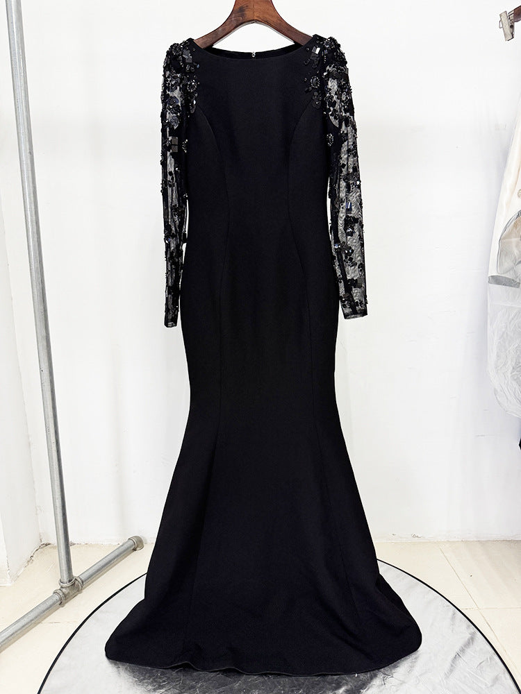 Beige Sequin Mesh Long Sleeve Mermaid Maxi Evening Dresses