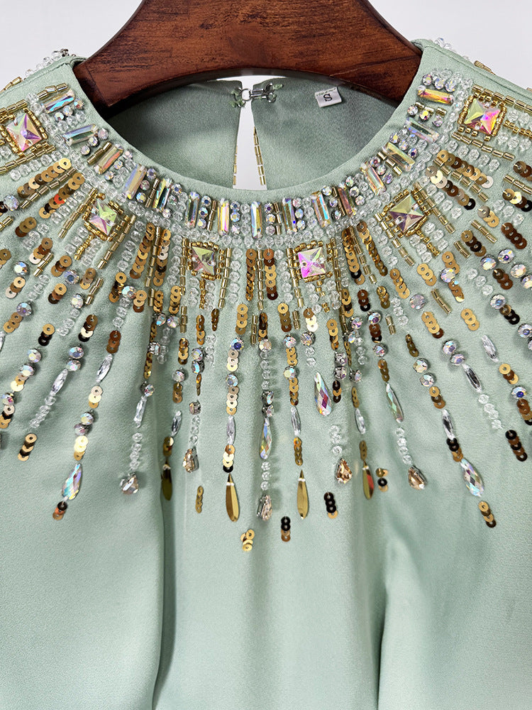 Luxury Womens Clothes Elegant Mint Green Cape Sleeve Maxi Gowns Beaded Sequin Neckline Formal Evening Outfit Party Dresses