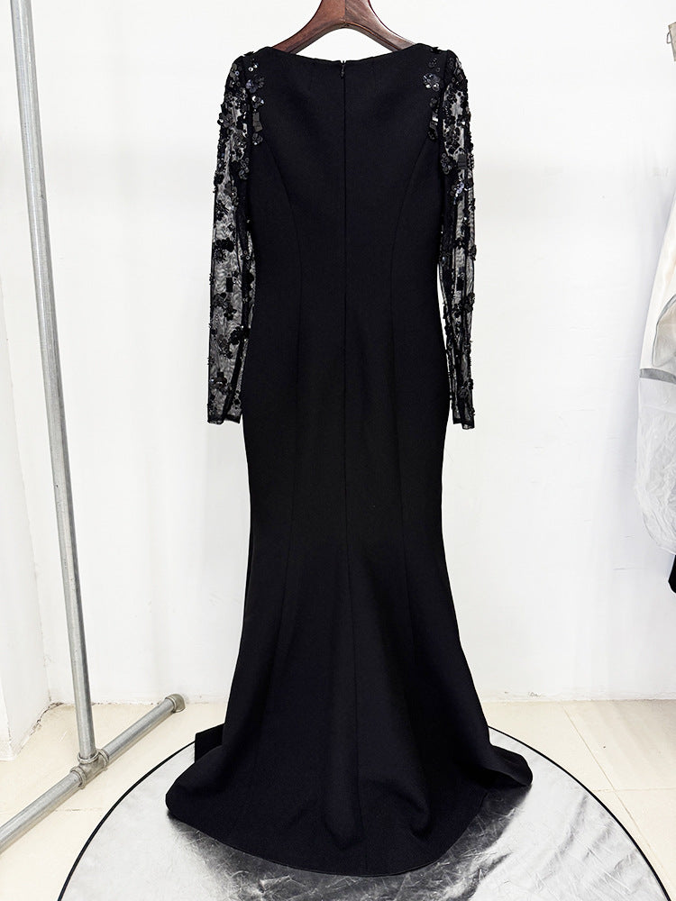 Beige Sequin Mesh Long Sleeve Mermaid Maxi Evening Dresses