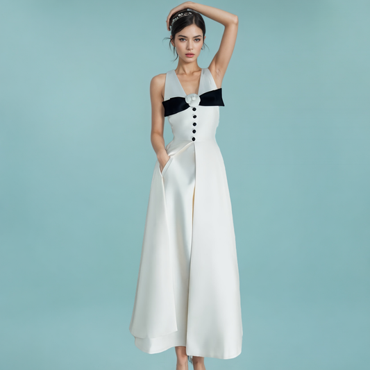 White Satin Cocktail Dress With Black Bow