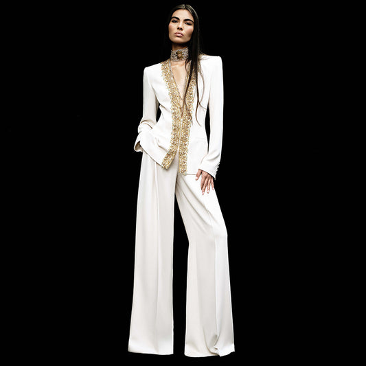 Elegant Formal Evening Wear White Long Sleeve Beaded Gold Trim Blazer Wide Leg Pant Two Piece Set Suits for Women