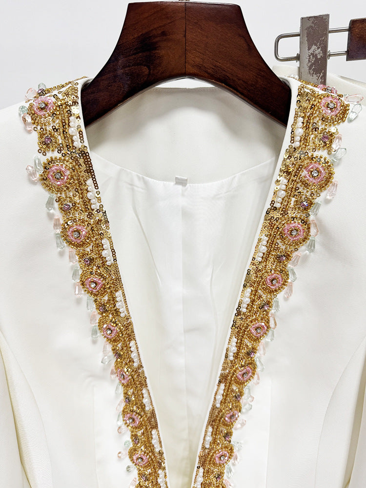 White Long Sleeve Beaded Gold Trim Blazer Wide Leg Pant Two Piece Set Suits
