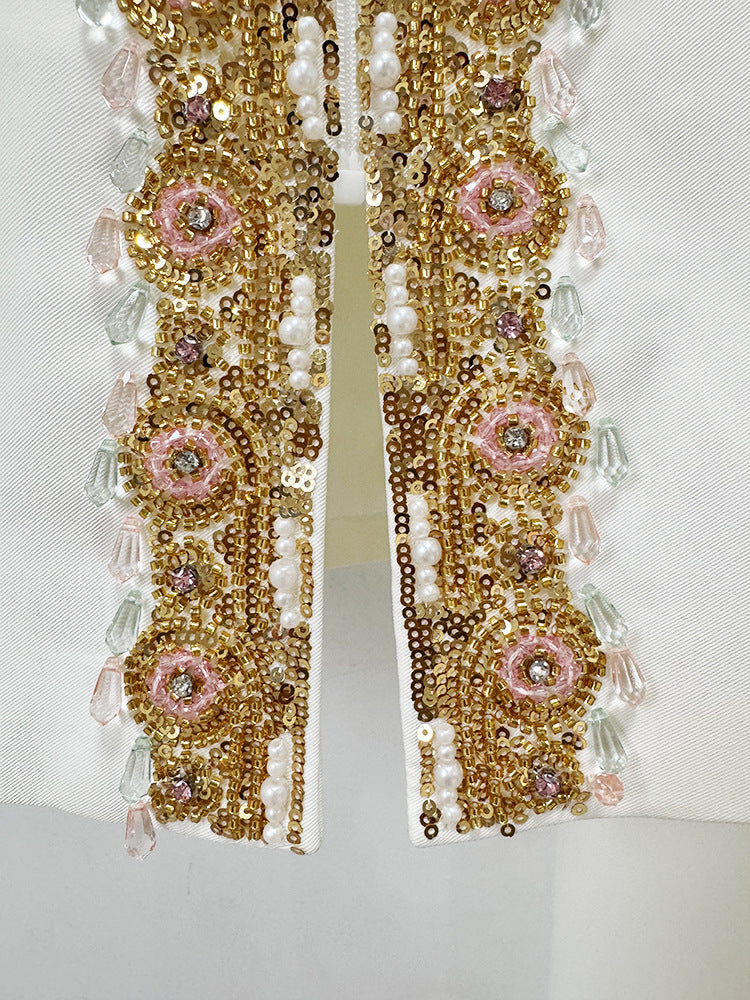 White Long Sleeve Beaded Gold Trim Blazer Wide Leg Pant Two Piece Set Suits