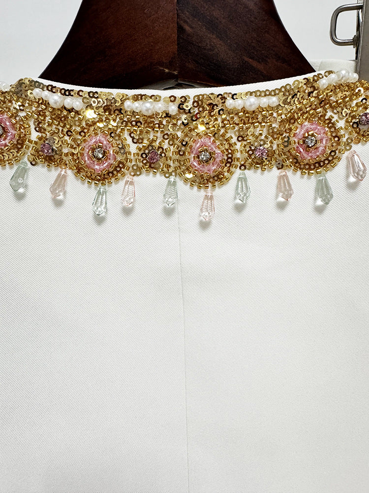 White Long Sleeve Beaded Gold Trim Blazer Wide Leg Pant Two Piece Set Suits