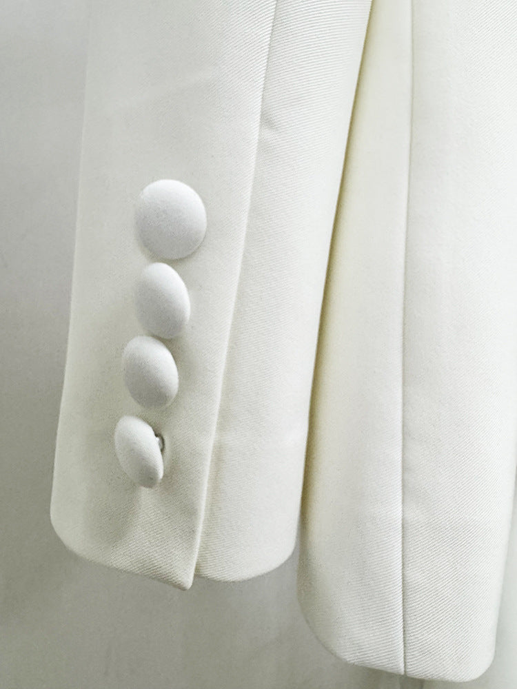 White Long Sleeve Beaded Gold Trim Blazer Wide Leg Pant Two Piece Set Suits