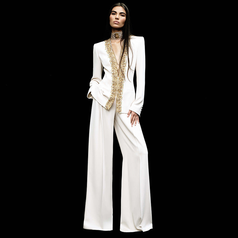 White Long Sleeve Beaded Gold Trim Blazer Wide Leg Pant Two Piece Set Suits