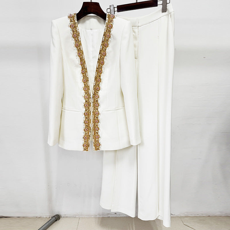 White Long Sleeve Beaded Gold Trim Blazer Wide Leg Pant Two Piece Set Suits