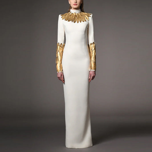 Women Elegant White High Neck Long Sleeve Maxi Dress Luxury Long Formal Evening Dresses Party Gown With Gold Feather