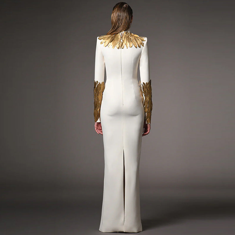 Women Elegant White High Neck Long Sleeve Maxi Dress Luxury Long Formal Evening Dresses Party Gown With Gold Feather