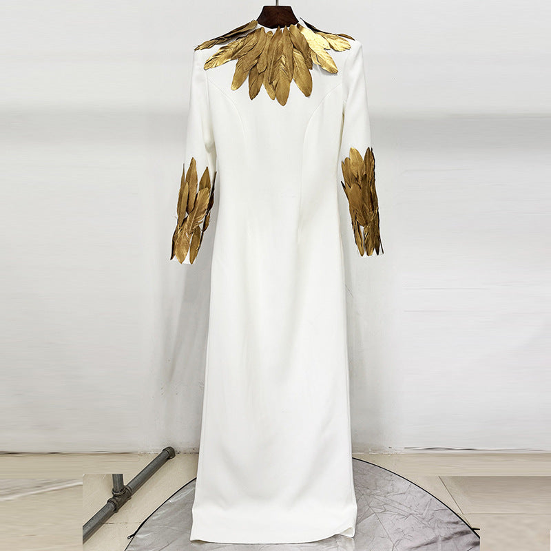 Women Elegant White High Neck Long Sleeve Maxi Dress Luxury Long Formal Evening Dresses Party Gown With Gold Feather