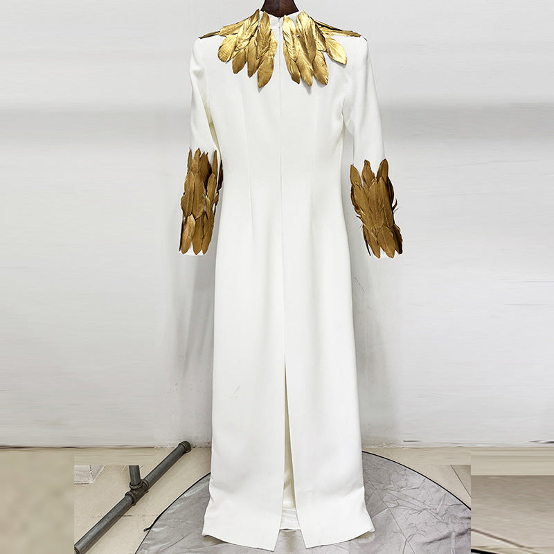 Women Elegant White High Neck Long Sleeve Maxi Dress Luxury Long Formal Evening Dresses Party Gown With Gold Feather