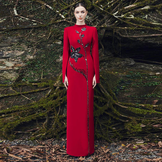 Sequin Floral Red Long Sleeve Formal Bodycon Maxi Party Dress