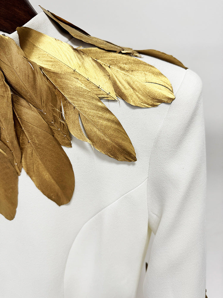Women Elegant White High Neck Long Sleeve Maxi Dress Luxury Long Formal Evening Dresses Party Gown With Gold Feather