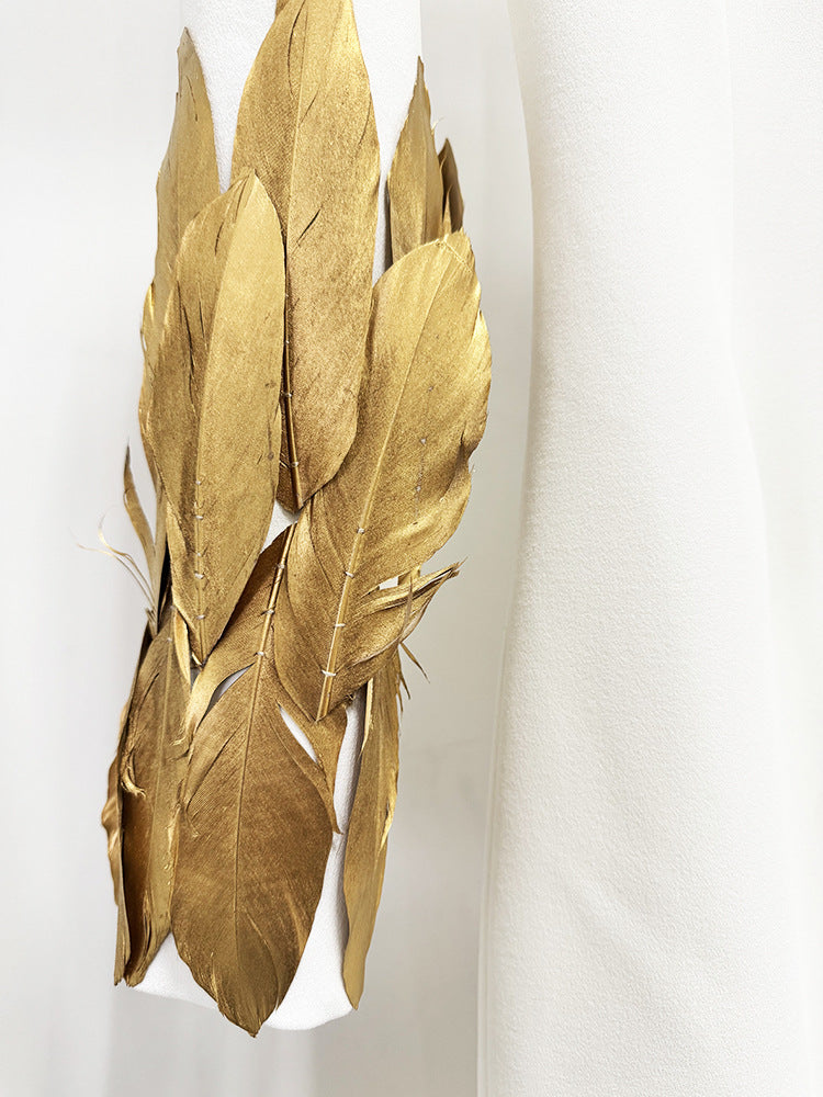 Women Elegant White High Neck Long Sleeve Maxi Dress Luxury Long Formal Evening Dresses Party Gown With Gold Feather