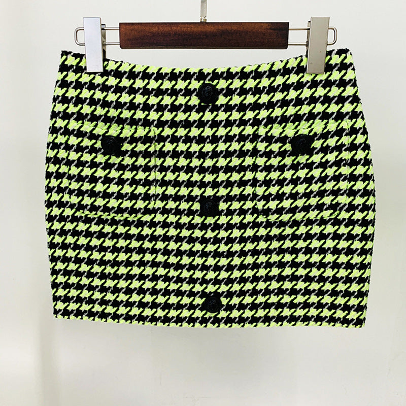 Green Houndstooth Tweed Skirt Suit Set