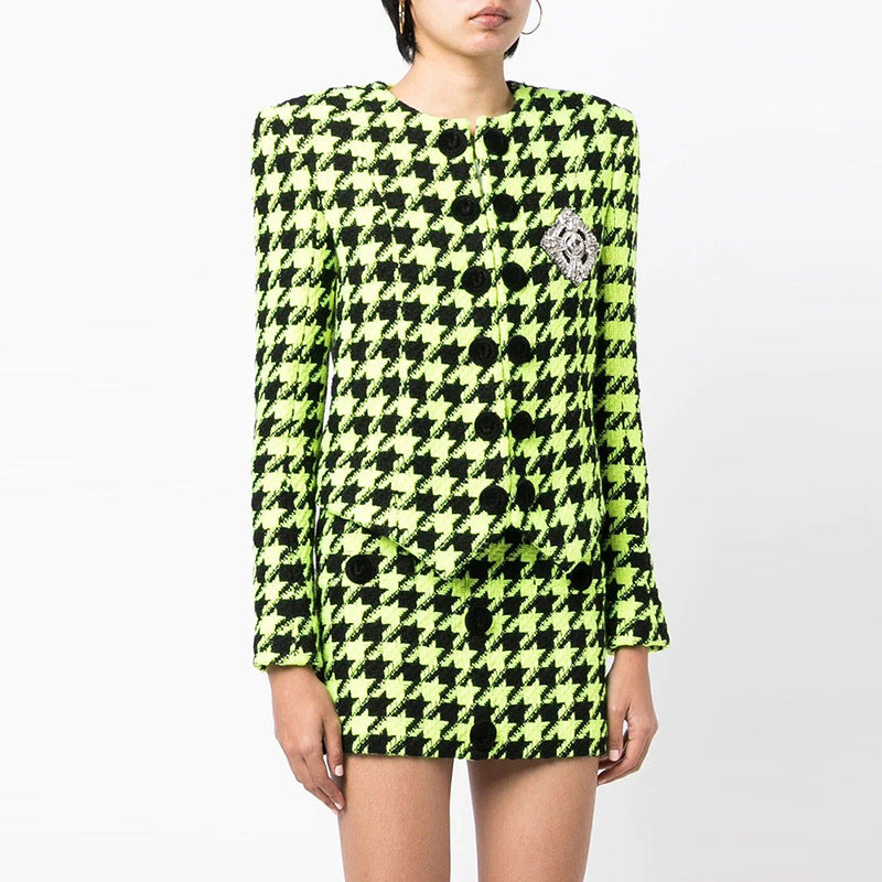 Green Houndstooth Tweed Skirt Suit Set