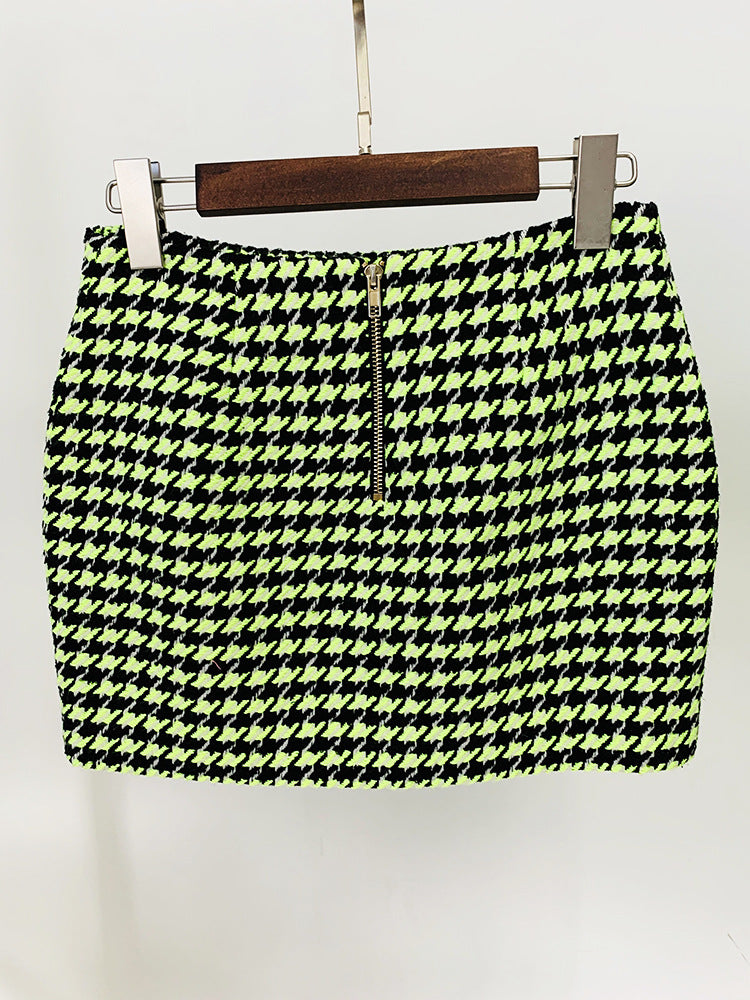 Green Houndstooth Tweed Skirt Suit Set