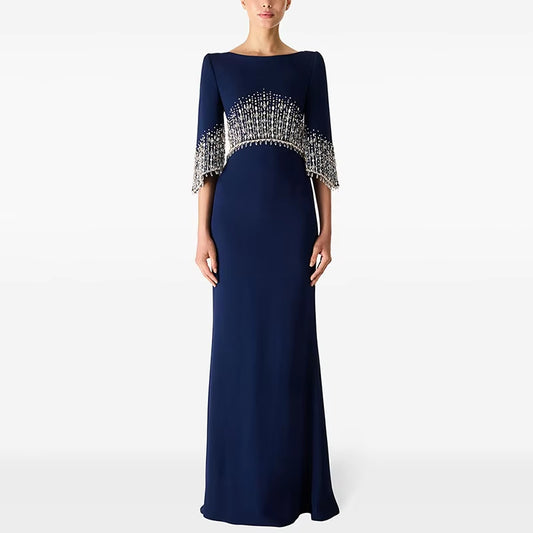 Beaded Diamond Mid-length Sleeve Elegant Dress Long Formal Gown Floor Length Evening Dresses
