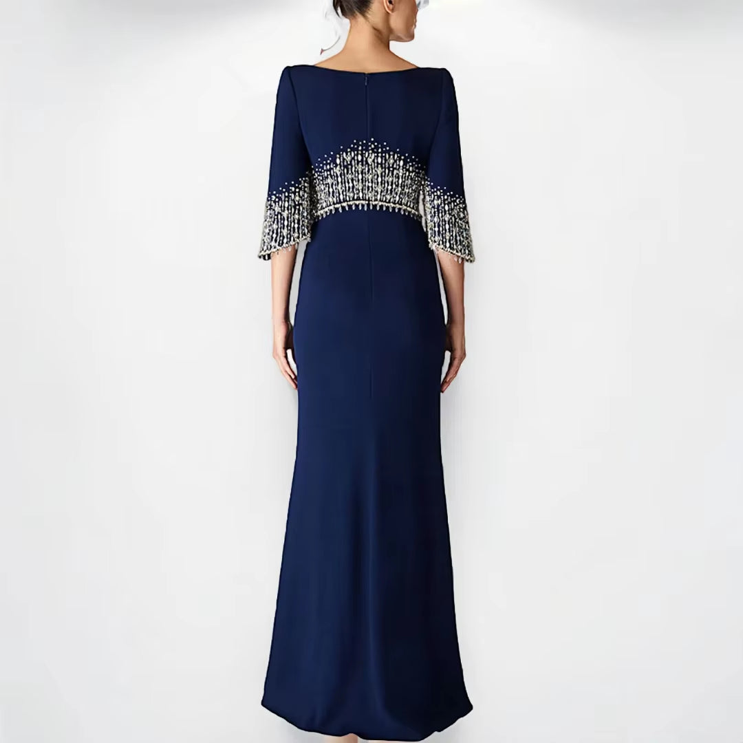 Beaded Diamond Mid-length Sleeve Elegant Dress Long Formal Gown Floor Length Evening Dresses