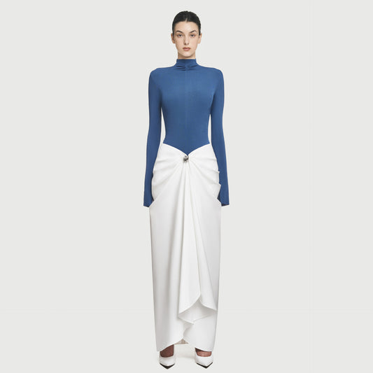 Contrast Color High Neck Pleated Dress