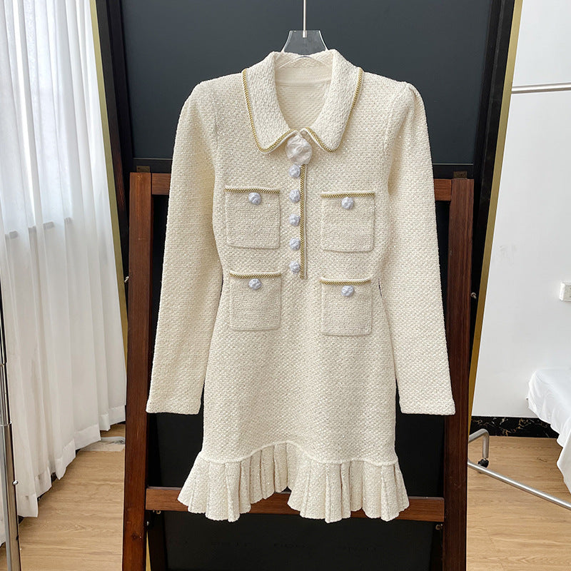 Floral Button Ruffled Hem Black Tweed Knit Dress