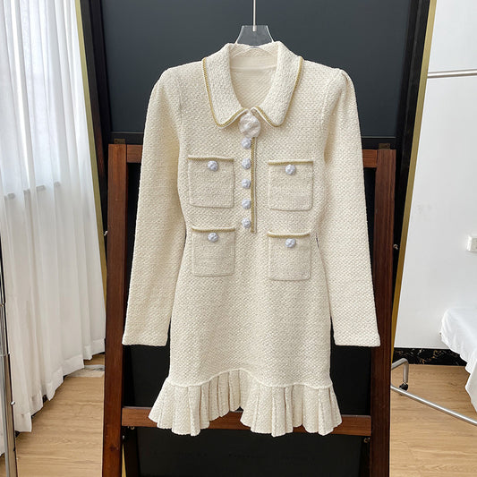 Floral Button Ruffled Hem Black Tweed Knit Dress