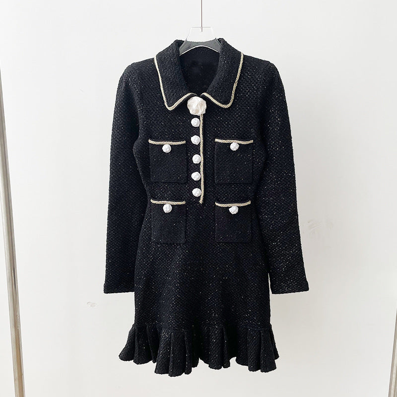 Floral Button Ruffled Hem Black Tweed Knit Dress