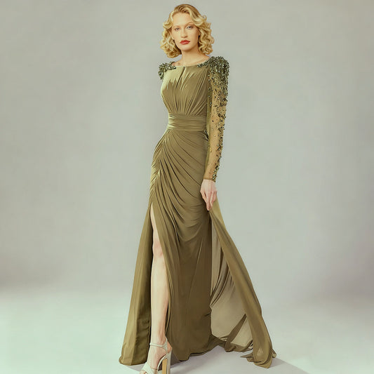 Olive Green Long Sleeve Beaded Maxi Gown