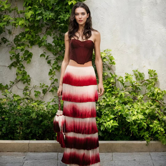 Elegant Summer Sets Wine Red Corset Top Gradient Fringe Evening Dress Two Piece Set