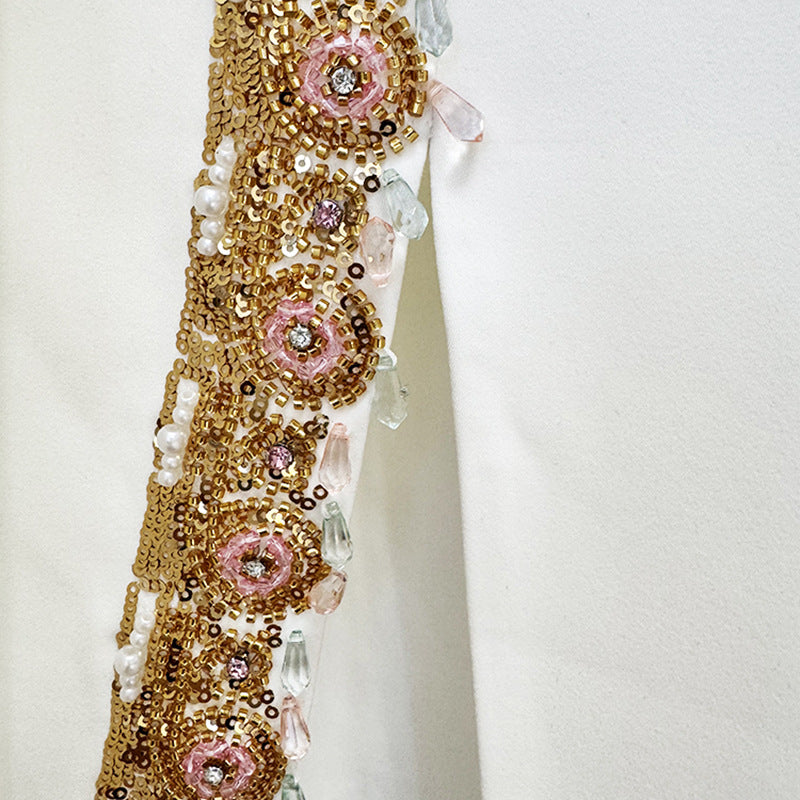 High Neck Long Sleeve Gold Floral Beaded Two Piece Maxi Skirt Set