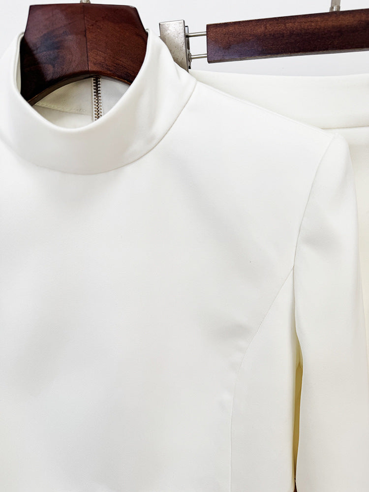 High Neck Long Sleeve Gold Floral Beaded Two Piece Maxi Skirt Set